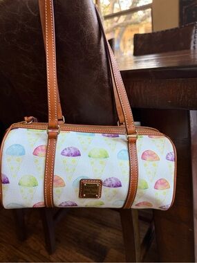 Dooney & Bourke Multicolor snow cone barrel bag- Cream with Brown Trim